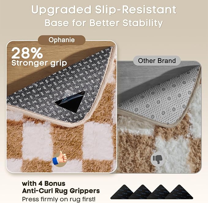 Ophanie Checkered Beige & White Rug for Living Room Bedroom,Fluffy Soft Cute Fuzzy Area Rugs,Shag Plush Shaggy Bedside Floor 4x6 Furry Carpet Kids Baby Teen Dorm Decor with Over 99 pcs Pile fibers