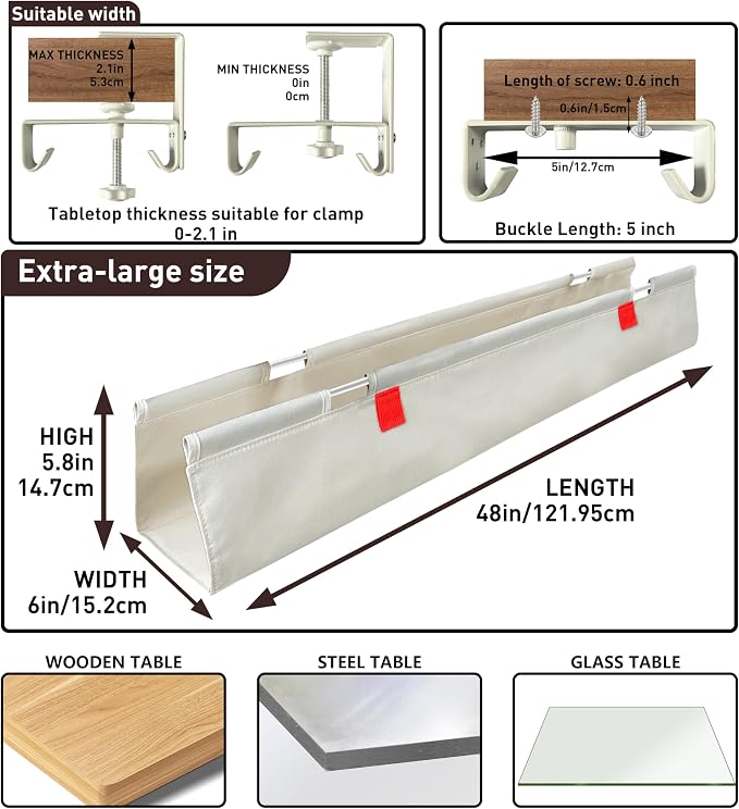 No Drill Under Desk Cable Management Tray, 48" Desk Cable Organizer | Premium Oxford Fabric Cable Management, Clamp Screw Desk Cable Management, Large Capacity Table Cable Organizer for Office