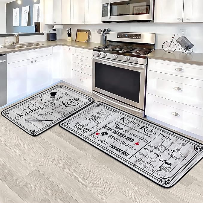 Kitchen Rug Sets of 2 Piece Non Slip Kitchen Rugs and Mats Washable Kitchen Mats for Floor Kitchen Carpet Runner Rugs Decor for Laundry Bathroom Living Room,White Kitchen Rules 20"x 59"+20"x 32"