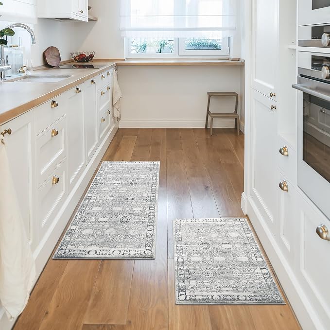 GRANNY SAYS Boho Kitchen Rug Sets of 2, Non Slip Washable Faux Wool Kitchen Mats for Floor, Thick Soft Anti-Fatigue Comfort Standing Mat Runner Rugs for Hallway Laundry Room, Grey