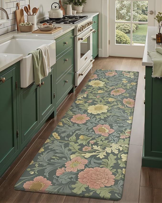 Color&Geometry Natural Floral Kitchen Floor Mat 24x87 Anti Fatigue, Green | 0.4in Thick Cushioned Standing Mat For Cooking/Working/Laundry, Flower Home Decor, Non Slip PVC Kitchen Rug, Oil/Water Proof