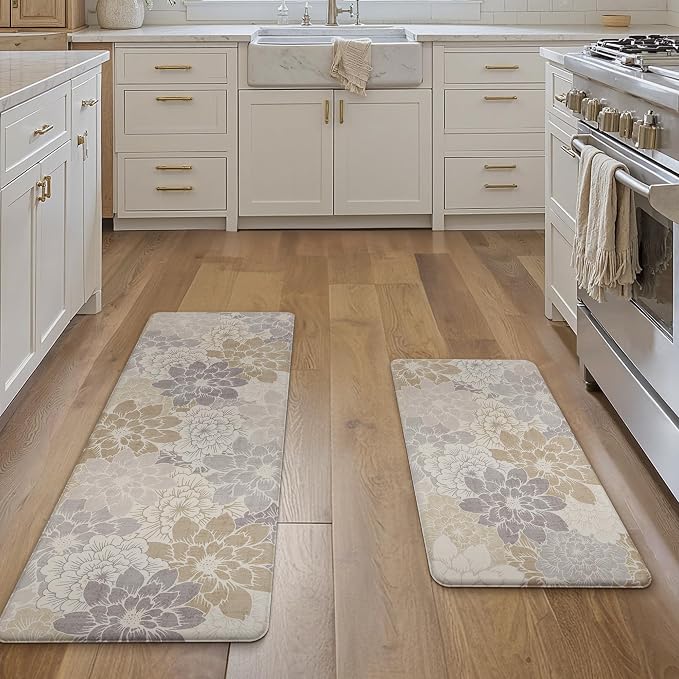 GENIMO Anti Fatigue Kitchen Mats for Floor 2PCS, Cushioned Standing Mats | 17.3"x47"&17.3"x30", Milky White vintage floral rug set, waterproof, non slip, easy-clean for farmhouse