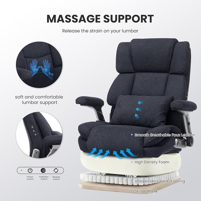 400lbs Big and Tall Executive Chair, Heavy Duty High Back Home Desk Chair | Ergonomic Office Chairs with 3D Kneading Massage, 3D Armrests, 5 Quiet Dual Rubber Wheel, Thick Pocket Spring Cushion