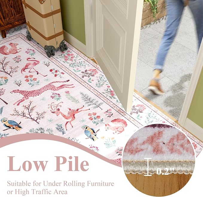 DUKINO 4x6 Rug, Washable Animal Area Rug with Non Slip Vintage Design, Indoor Soft Low Pile Carpet for Bedroom, Nursery, Dining Room, Farmhouse, Playroom, Pink