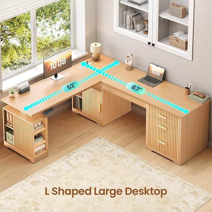 SEDETA Fluted L Shaped Electric Standing Desk, 63" x 67" Height Adjustable Home Office Executive Desk with Drawers and Shelves, Two Person Desk with Power Outlet for Home Office, Oak