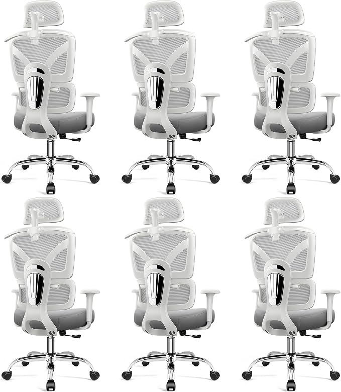 Ergonomic Desk Chair, Breathable Mesh Office Chair for Long Hours, 6 Pack | Adjustable Lumbar Support for Back Pain Relief, 4.33'' Thick Foam Cushion, 3D Headrest, Computer Chair for Home Office, Gray