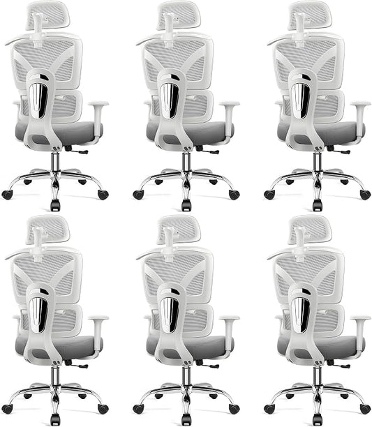 Ergonomic Desk Chair, Breathable Mesh Office Chair for Long Hours, 6 Pack | Adjustable Lumbar Support for Back Pain Relief, 4.33'' Thick Foam Cushion, 3D Headrest, Computer Chair for Home Office, Gray