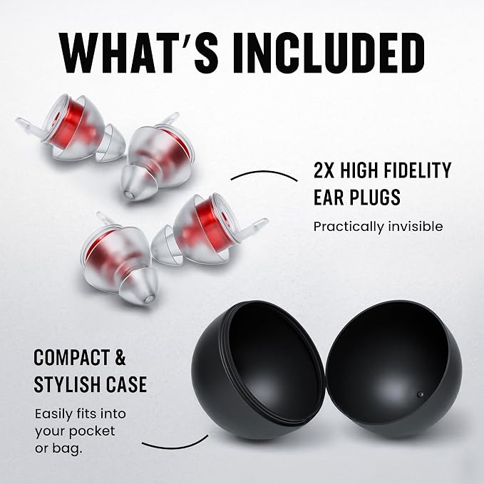 Plugz Red Lightweight Ear Plugs Noise Cancelling - Invisible, Easy to Wear Music Ear Plugs, All-Day Comfort for Up to 23dB Noise Reduction, Two Pairs Clear Earplugs in Sleek Portable Case
