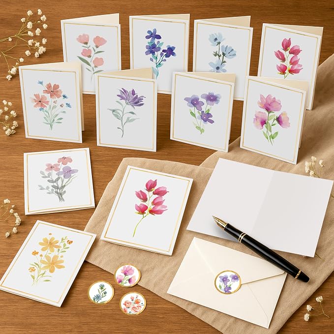 30 Blank Cards and Envelopes Set with Stickers – 4x6 Inches – Thick and Premium Designs
