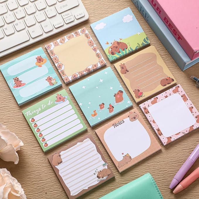 9 Pads Cute Sticky Notes Cartoon Self Stick Notepads 3x3 Inches Notes Adhesive Memo Pad Office Decor Gifts for Students School Teacher Office Meeting(Capybara)
