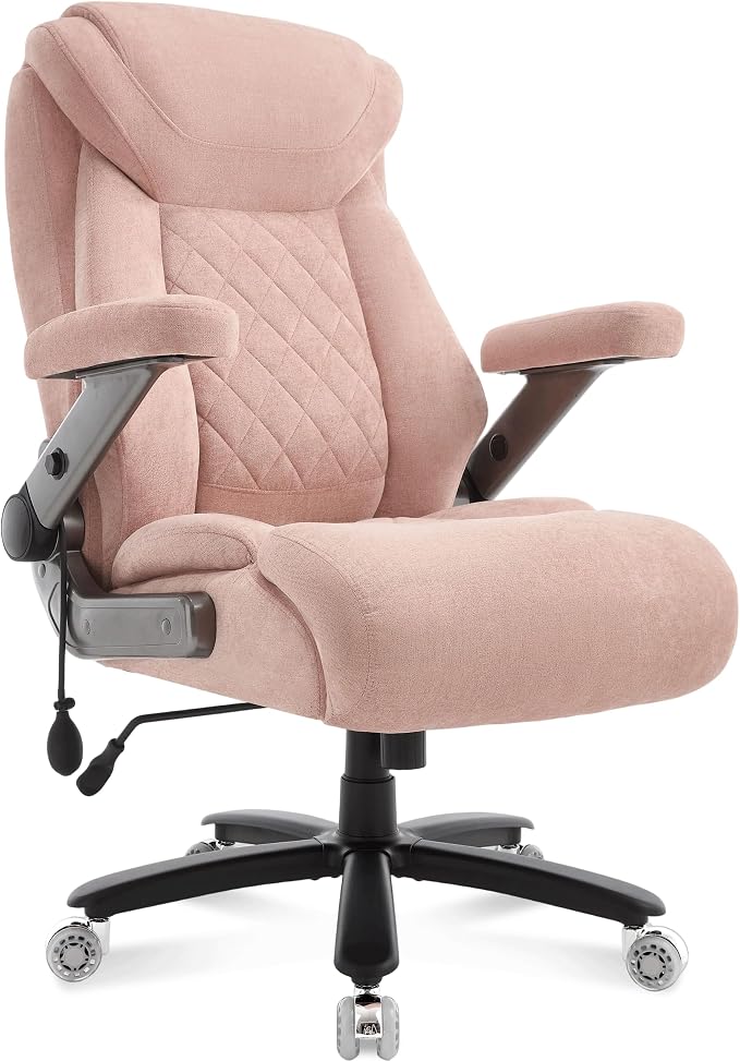 Fabric 700lbs Big and Tall Office Chair, Ergonomic Heavy Duty Executive Cloth Office Chair with 5D Flip Arms & Adjustable Lumbar Support & Dual Rubber Wheel, Large Thick Padded Extra Wide Seat, Pink