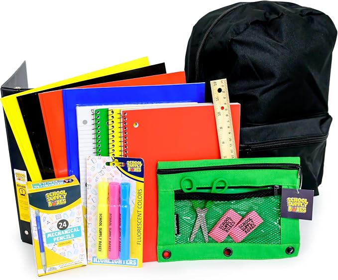 School Supply Boxes | 17" Solid Black Backpack Bundle for High School | Back to School Bookbag with Supplies | Pencil Pouch, Notebooks, Filler Paper, Folders, Mechanical Pencils & More
