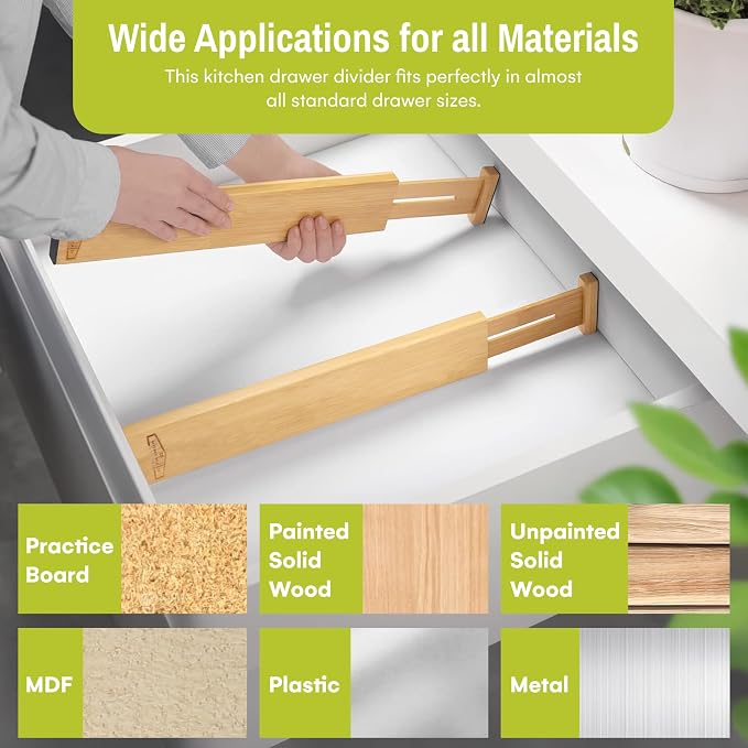 Bamboo Drawer Dividers Adjustable & Expandable, Kitchen Drawer Organizer, Ideal for Silverware, Dresser Drawers Organizer or Bedroom & Bathroom Drawers Organizers (8pk)