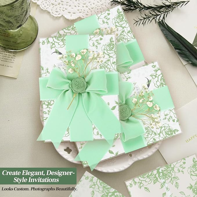 Wedding Invitation Accessories Kit, Pre-Folded Vellum Jackets for 5×7 Invitations with Wax Seal Stickers, Ribbon & Dried Flowers, Elegant Wedding Invitation Accessories for DIY Bridal Invites (Green-Rose, 50)