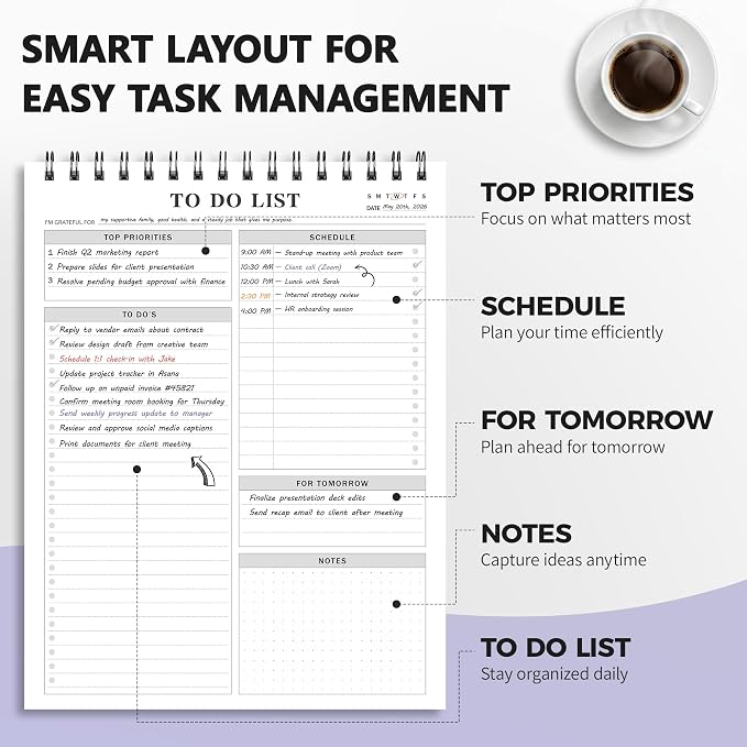 To Do List Notepad Notebook for Work 8.5"x11"Undated Daily Planner | Checklist Note Pad with Schedule, Task Tracker, Stay Organized, Office Supplies & Desk Accessories, 52 Tear-Off Sheets, Gray