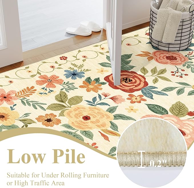 DUKINO Runner Rug for Hallway, 2.6x10 Washable Floral Long Kitchen Rug with Non Slip Backing, Lightweight & Stain Resistant Runners for Indoor Entrance, Laundry, Living Room, Bedroom, Beige Yellow