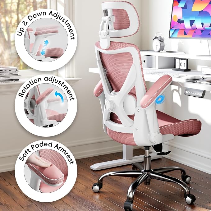 Ergalithic Office Home Ergonomic Desk Chair-Computer X-Shaped Chair Mesh PU Leather with Adjustable Lumbar Support-Executive Chair High Back with Headrest Flip-Up Arms for Long Hours (Dark Pink)