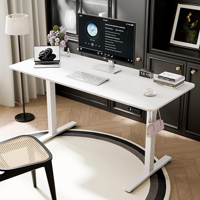 ERGOMAKER 55"x24" Standing Desk, Height Adjustable Sit-Stand Office, White | Electric Adjustable Standing Desk, Sit to Stand Computer Office Desk with Splice Board, Memory Preset, Lifts 28.7''-46.5"