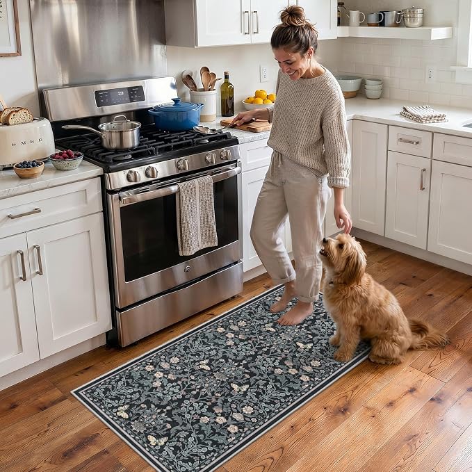 Puino Washable 2x4 Runner Rug: Soft Vintage Floral Non Slip Rubber Backing Floor Mat for Entryway Low Pile Stain Resistant Carpet for Hallway Kitchen Bedroom Bathroom Bedside Home Decor Dark Botanical