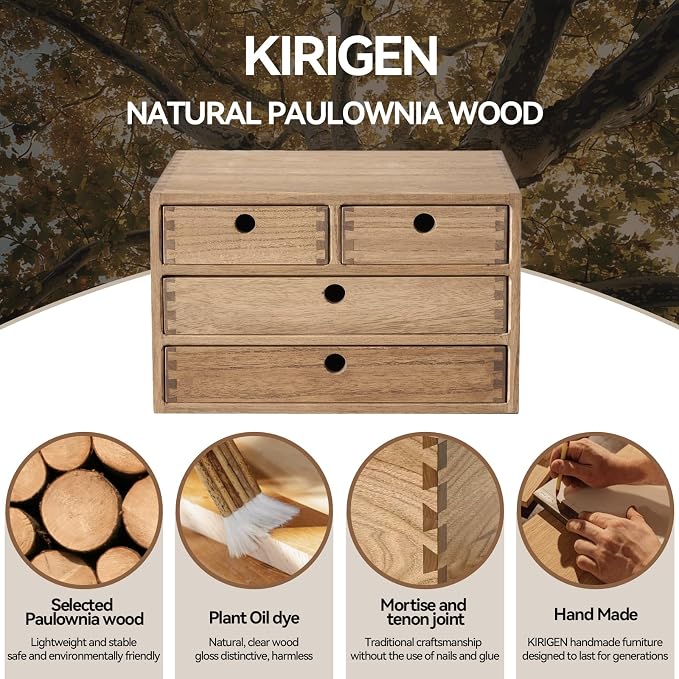 KIRIGEN Wood Desk Organizer with 4 Drawers, Desktop Storage, Brown 34-DBR | 3-Tier Solid Wood Cabinet Holds Letter-Size Paper, Mail, Makeup, Crafts, and Home Office Supplies, Fully Assembled