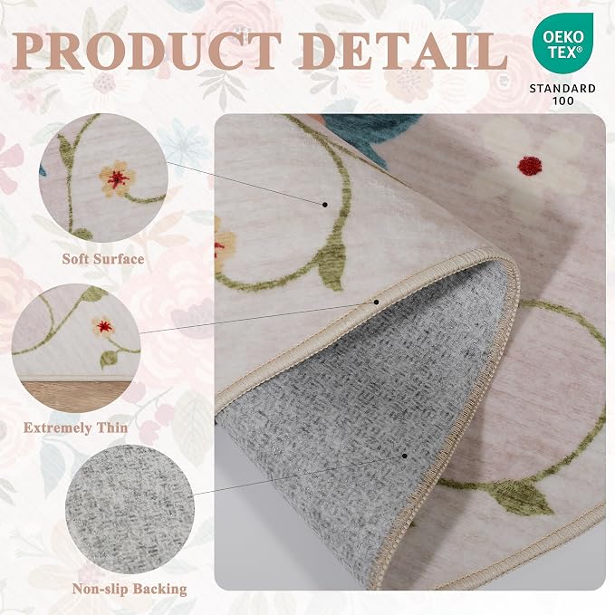 DUKINO 2x5 Runner Rug for Hallway, Washable Kitchen Floral Runner Rug with Non Slip Backing, Low Pile Soft Boho Carpet for Kitchen, Hallway, Entryway, Laundry, Bedroom, Beige