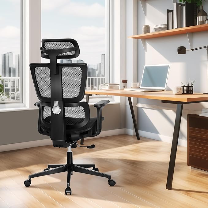 ALPHA HOME Ergonomic Office Chair, High Back Mesh Computer Chair, Footrest | Black Task Chair with Lumbar Support, Adjustable Height&Headrest&Flip-Up Armrest, 360° Swivel Wheels, SGS Certified