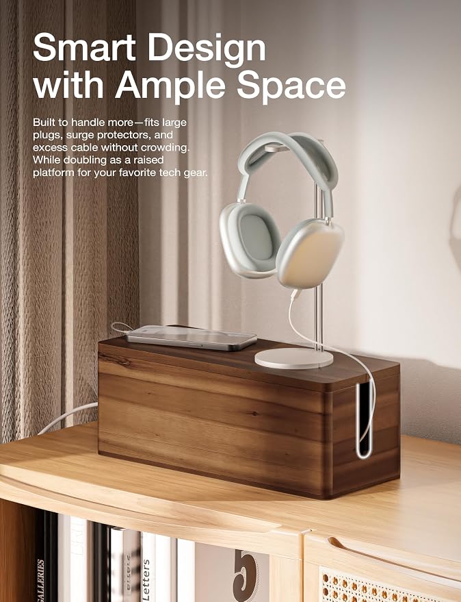 TIDITA 16" L Wooden Large Cable Management Box Round Edge (Walnut Color) | 2 Cable Entry Slots, Magnetic Lid, Non-Skid Pads, Solid Acacia Wood, Wooden Power Strip Box, Surge Protector Box