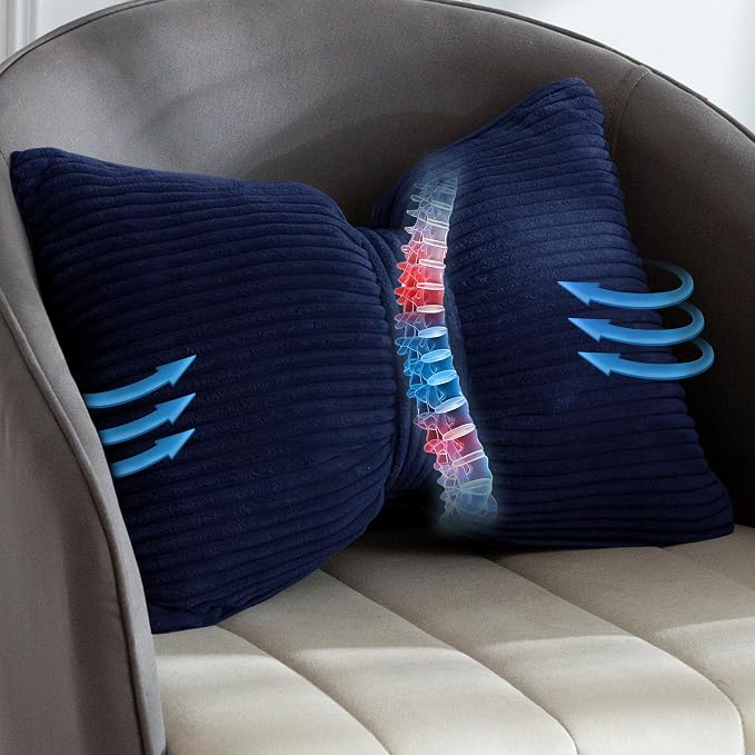 HIGOGOGO Lumbar Support Pillow for Recliner Chair, Bow Knot Shaped Back Support Cushion, Striped Corduroy Soft Decorative Lumbar Pillow for Office Chair, Sofa, Car, Bed, Living Room - Navy