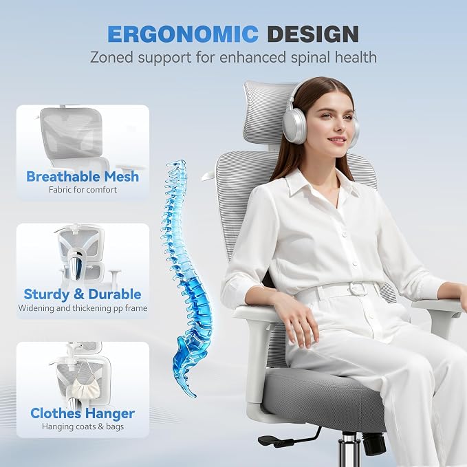 Ergonomic Desk Chair, Breathable Mesh Office Chair for Long Hours, 8 Pack | Adjustable Lumbar Support for Back Pain Relief, 4.33'' Thick Foam Cushion, 3D Headrest, Computer Chair for Home Office, Gray