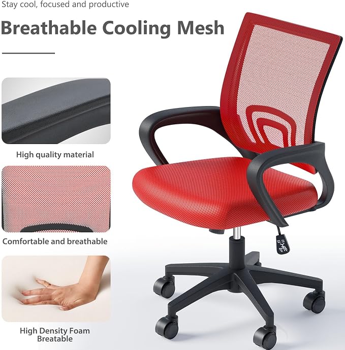 OS MOTOR Ergonomic Mid-Back Mesh Office Chair (Red) | Lumbar Support, Adjustable Height, Swivel Rolling Design, Comfy Armrest, Home, Office, Work, Study, Gaming, Vanity