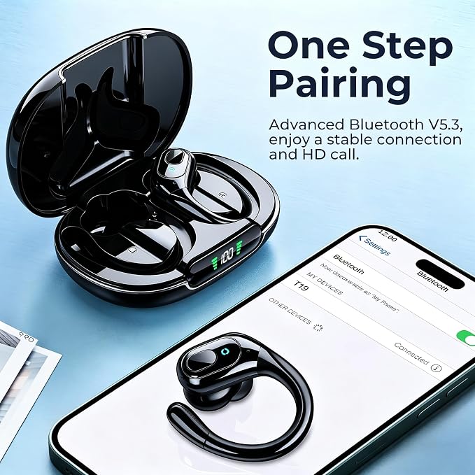 occiam Active Noise Cancelling Earbuds Wireless Bluetooth Headphones Ear Buds 90Hrs Playback Stereo Bass Earphones with Mic Over-Ear Hooks IPX7 Waterproof Headset for Work Sports Running Glossy Black