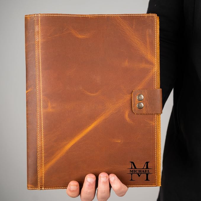 Personalized Leather Portfolio, Leather Notebook, Portfolio Folder, A4 Notepad for Women Men Gift Dark Brown (12.5 x 9.5 inches)