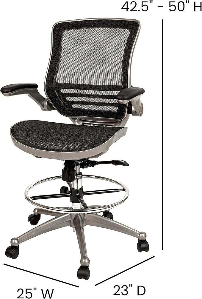 Flash Furniture Waylon Mid-Back Swivel Office Chair with Adjustable Foot Ring and Seat Height, Ergonomic Mesh Chair with Armrests, Black/Silver | Graphite Silver Frame, Mid-Back, Flip-Up Arms, Mesh Back