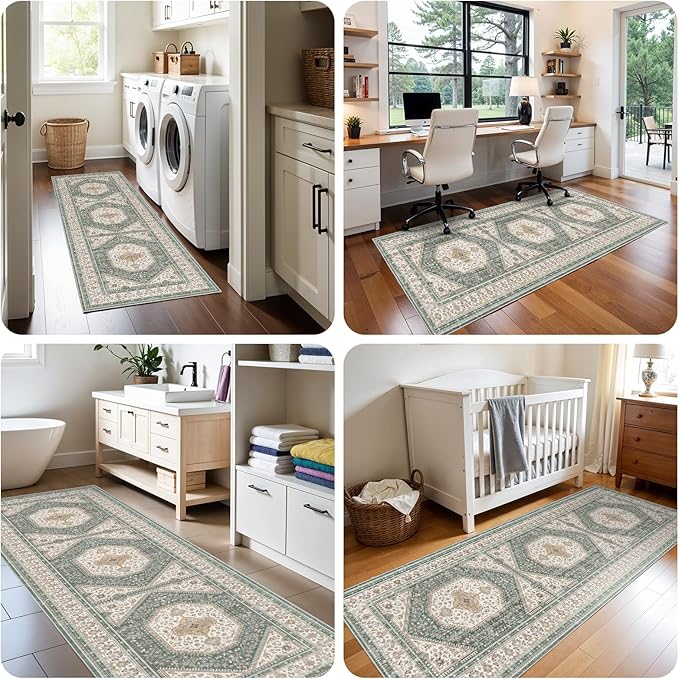 3x10 Runner Rug for Hallway Washable: Non Slip Kitchen Rugs with Rubber Backing Soft Waterproof Mats Stain Resistant Indoor Vintage Carpet Runner for Bedroom Bathroom Laundry Entryway Green/Beige