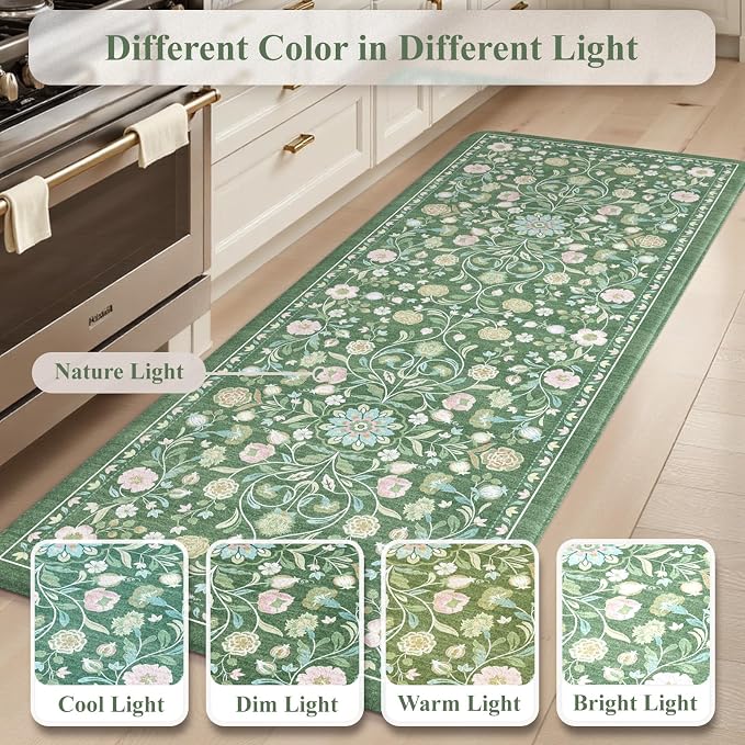 KIMODE Comfort Kitchen Mats for Floor Cushioned Anti Fatigue,Farmhouse Floral Spring Kitchen Rugs Sets of 2 Non Slip,Memory Foam Standing Carpet for Laundry Sink Office,Green
