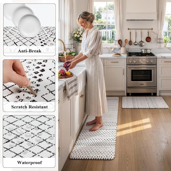 KIMODE Kitchen Mats 2PCS,Anti Fatigue Geometric Kitchen Rugs,Non Slip Waterproof Kitchen Mats for Floor,Cushioned Comfort Foam Standing Desk Mat for Home, Office, Sink,Laundry,Black and White