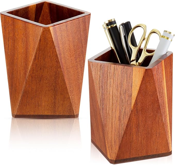 2 Pcs Wood Pen Pencil Holder Geometric Pencil Cup Stand Makeup Organizer for Pen Holder Desk Home Office Adults (Acacia Wood)