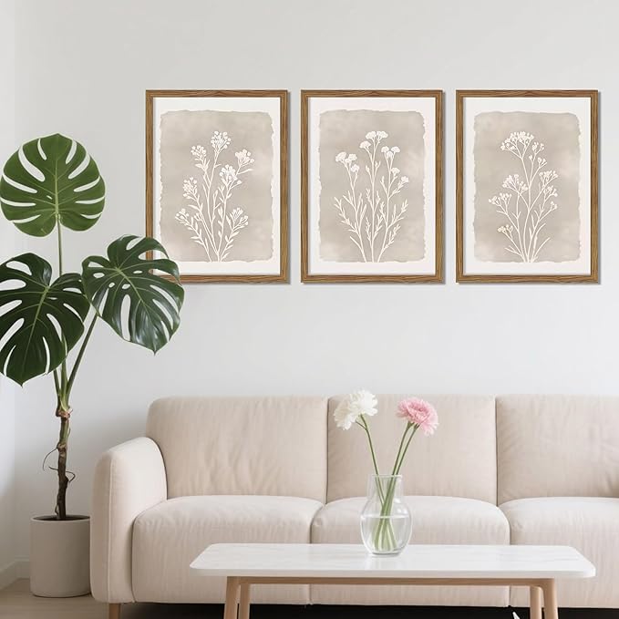 Framed Boho Botanical Flower Wall Art Set of 3, Vintage Minimalist Neutral Floral Wall Decor Paintings, Rustic Farmhouse Wildflower Artwork Prints Picture for Living Room Bedroom Bathroom 16x24 Inch