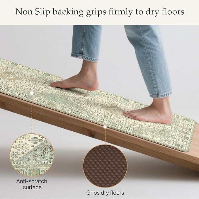 GENIMO Kitchen Mats for Floor 2PCs, Washable Anti Fatigue Mat for Cushioned, 17.3"x47"+17.3"x30", Waterproof Kitchen Rugs, Non Slip Comfort Standing Mat Rug for Home, Sink, Laundry, Vintage Green