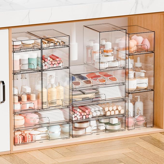 8 Pack Small Stackable Storage Bins,Clear Acrylic Drawer Boxes,Medicine Cabinet Organizer,Plastic Containers for Organizing Vanity,Undersink,Pantry,Bathroom Makeup Organizer,Home Organization