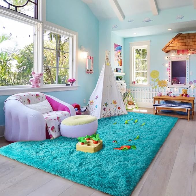 HOMORE Luxury Fluffy Area Rug Modern Shag Rugs for Bedroom Living Room, Super Soft and Comfy Carpet, Cute Carpets for Kids Nursery Girls Home, 4x6 Feet Turquoise Blue