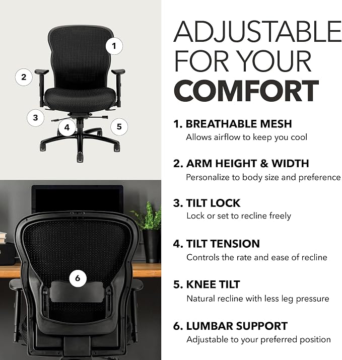 HON Wave Big and Tall Ergonomic Office Chair, Heavy Duty Desk Chair, Black | Big and tall ergonomic office desk chair for desk work, lumbar support, adjustable arms, mesh comfort, 450 lb capacity