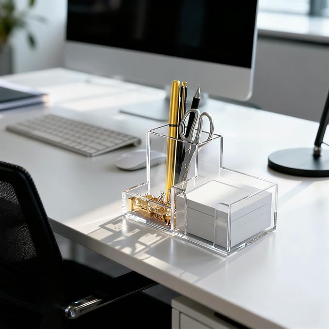HBlife 2-Pack Acrylic Pen Holder for Desk, 3-Compartment Small Desk Organizer, Clear Office Supplies Desk Accessories with Sticky Notes Holder Stores Post It Notes 3X3 for Office, Home and School
