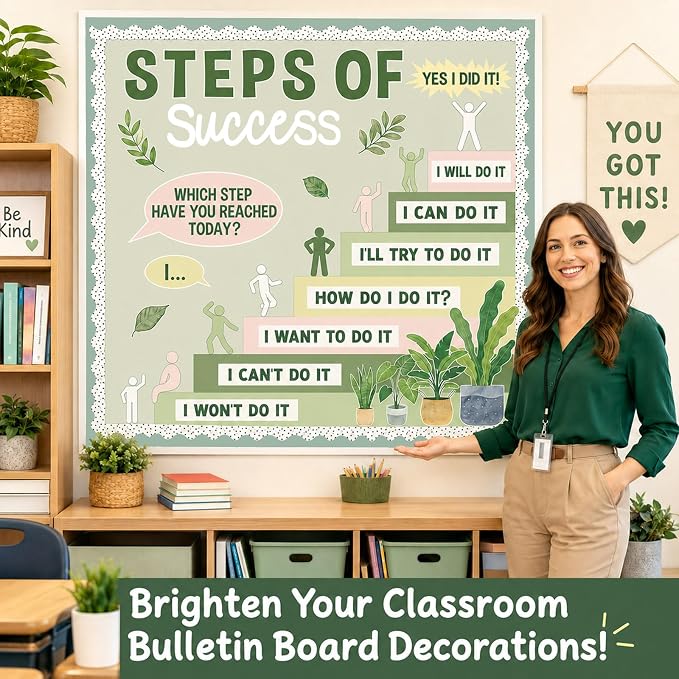 Motivational Bulletin Board Decorations Set Back to School Positive Classroom Decor Steps of Success Paper Cutouts Educational Sayings Accents for School Door Wall Chalkboard Decor Supplies (Plant)