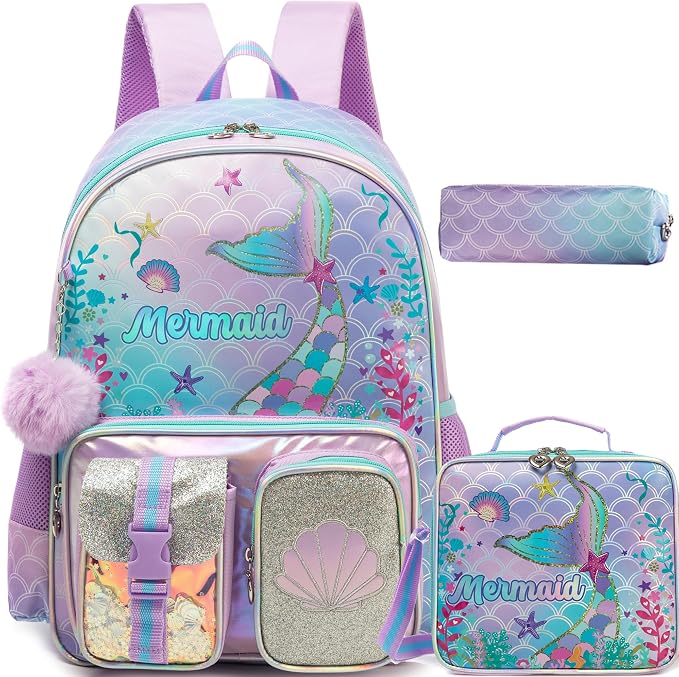 Meetbelify Mermaid Backpack for Girls Backpacks with Lunch Box Pencil Case for Elementary Student Kids School Travel Bag for Girls Ages 6-8 Years Old