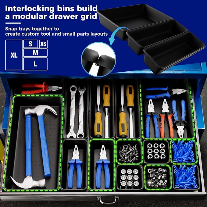 16 PCS Extra Small Parts Organizer Trays for Nuts, Bolts, Screws, Washers and Electrical Connectors, Desk Drawer Organzier Bins for Toolbox, Hardware Cabinet and Workbench (XS_16pcs_Black)