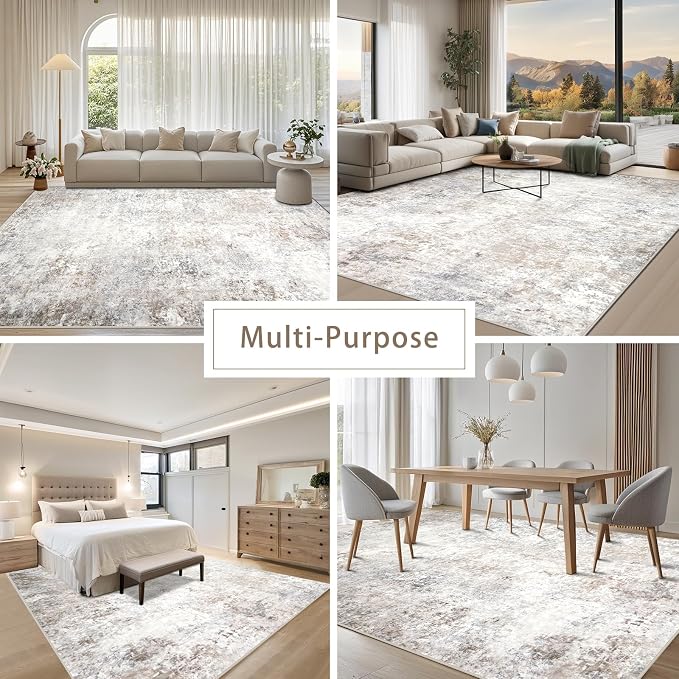 Srugn Washable Rugs 4x6 Area Rugs for Living Room,Bedroom,Kids Room,Nursery- Soft Faux Wool Small Carpets,Non Slip&Non-Shedding Low Pile Vintage Print Rugs for Enterway,Home Office Decor-Beige Grey