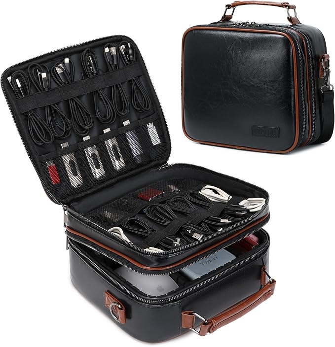 KYALOU Electronics Travel Organizer, Large Electronic Accessories Cable Case with Adjustable Dividers, Waterproof Tech Storage Bag Gifts with Double Layers for Cord, Charger, Power Bank - Black
