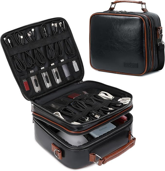 KYALOU Electronics Travel Organizer, Large Electronic Accessories Cable Case with Adjustable Dividers, Waterproof Tech Storage Bag Gifts with Double Layers for Cord, Charger, Power Bank - Black