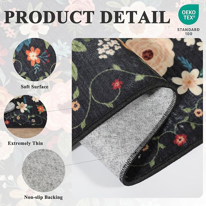 DUKINO 3x12 Washable Runner Rug, Non Slip Soft Floral Hallway Runner Rug with Non Shedding Design, Low Pile Long Floor Carpet for Kitchen, Hallway, Bathroom, Entryway, Laundry, Black